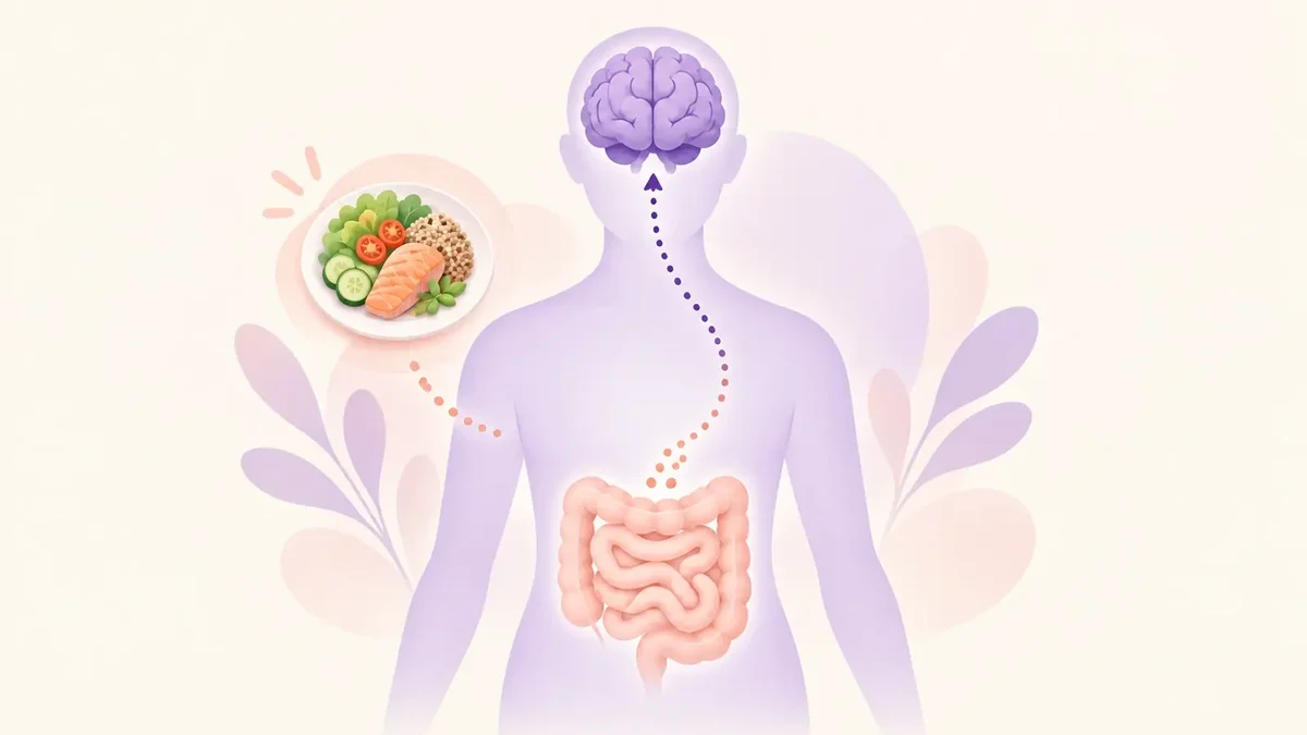 Faceless lavender figure showing the brain and intestines, with signal dots and a small balanced meal.
