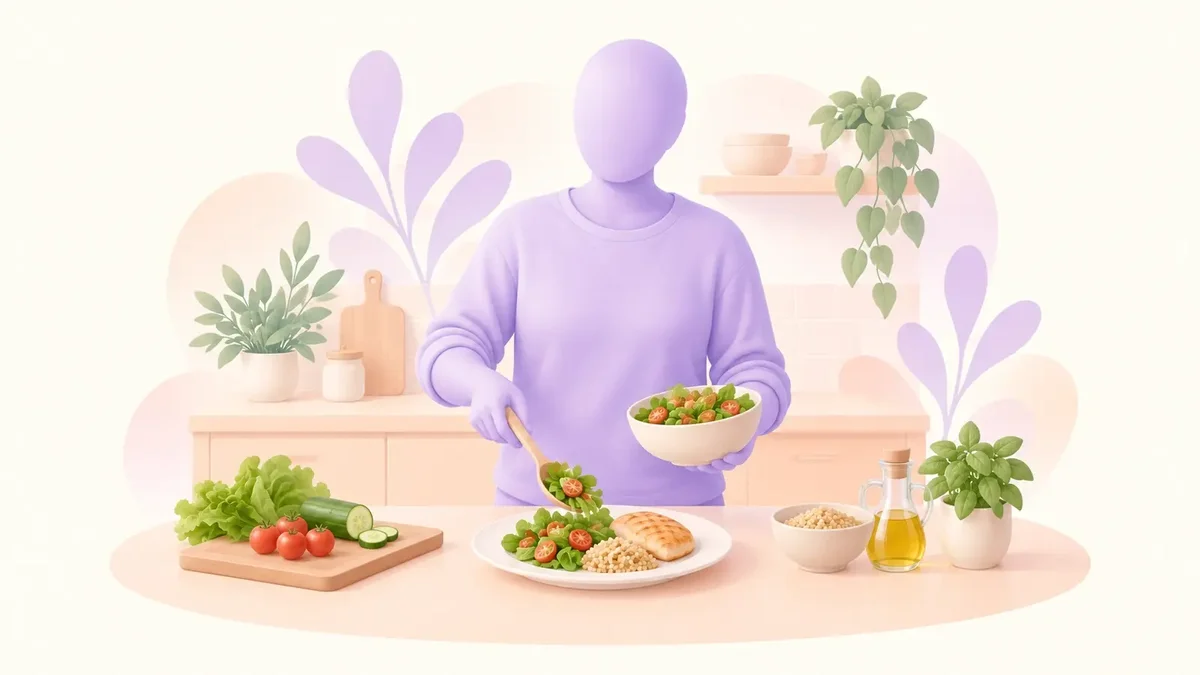 Faceless lavender adult preparing a balanced meal at a peach kitchen counter.