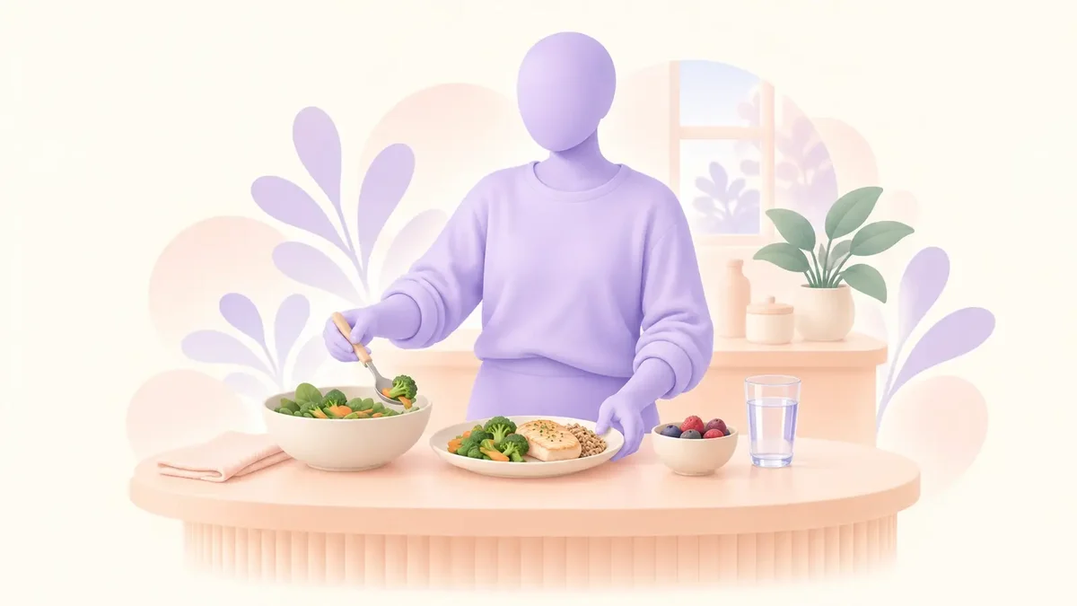 Faceless lavender adult preparing a balanced meal at a peach kitchen counter, with vegetables and a glass of water.