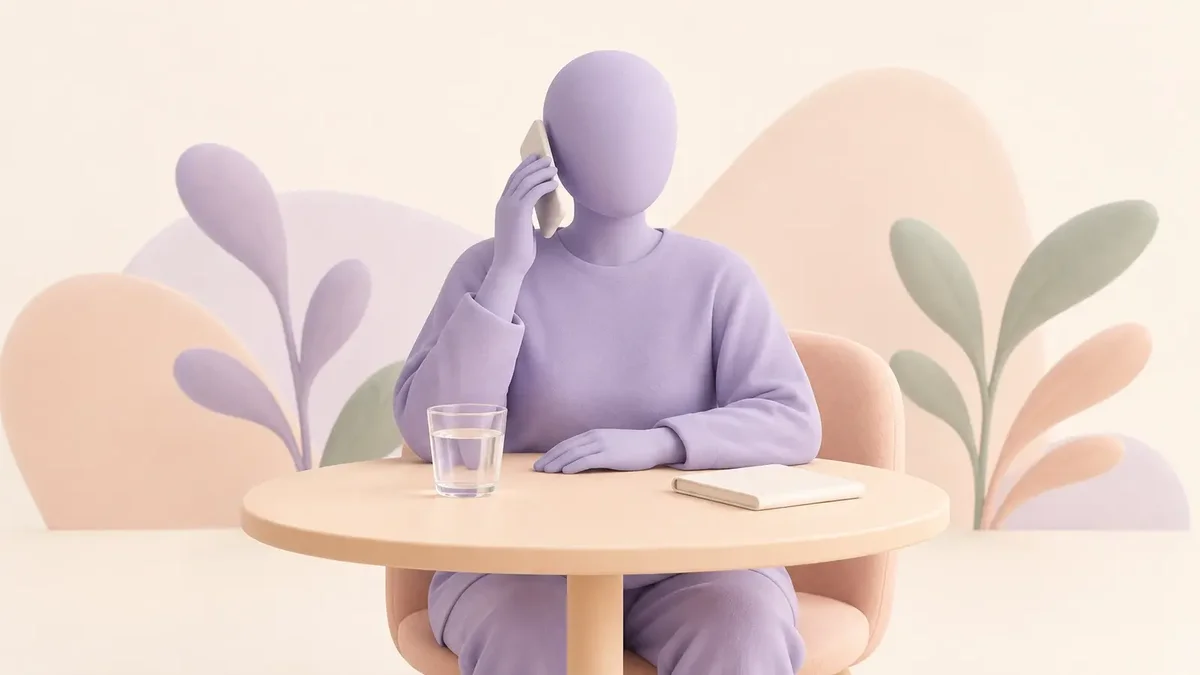 Faceless lavender figure speaking on a phone beside a glass of water and a notebook.