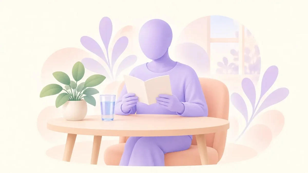 Faceless lavender figure reading a leaflet at a peach table, with a glass of water and a plant.