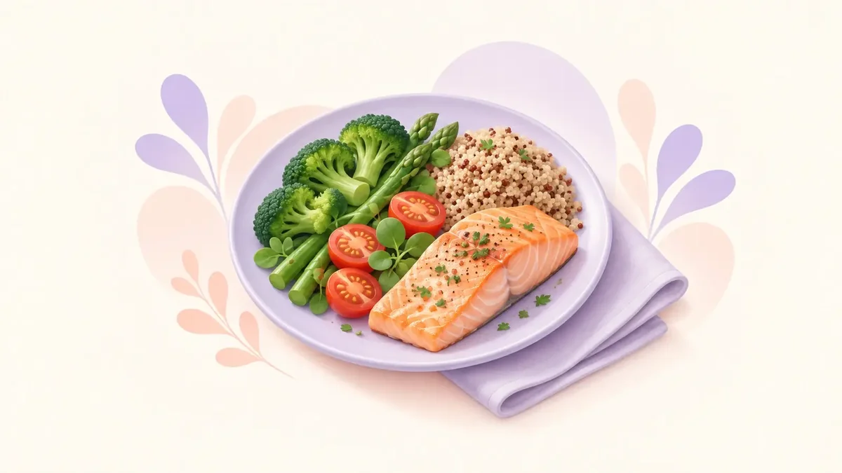 An illustrated plate of salmon, vegetables and whole grains on a cream background with lavender and peach accents.