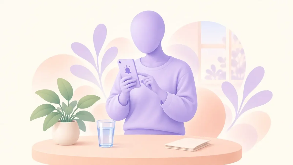 Faceless lavender figure checking a phone reminder beside a glass of water and a leaflet on a peach table.
