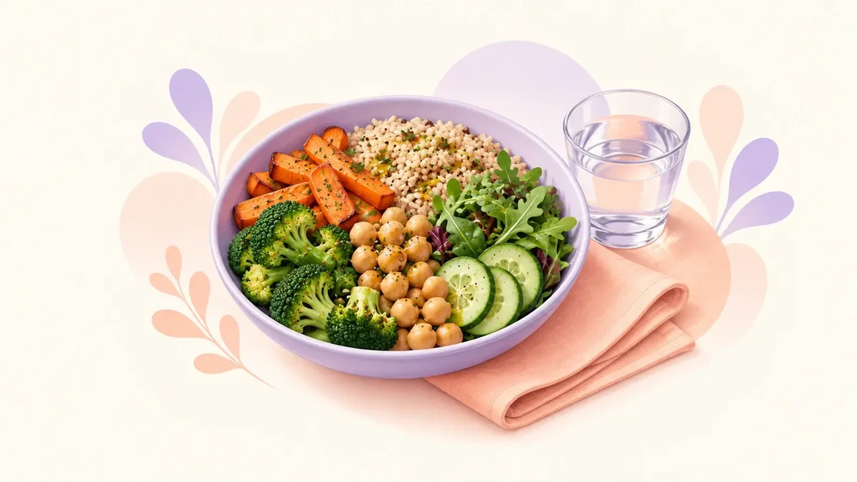 An illustrated bowl of chickpeas, brown rice and vegetables beside a glass of water, with lavender and peach accents.