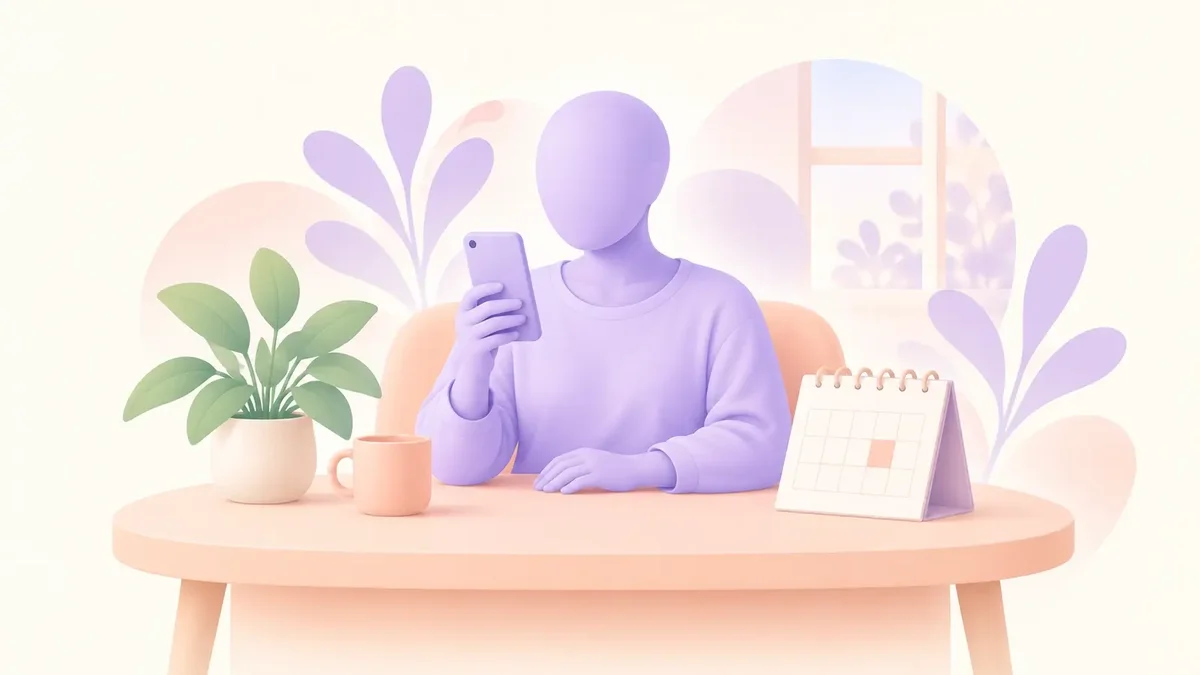 Faceless lavender adult checking a phone beside a calendar with a highlighted reminder.