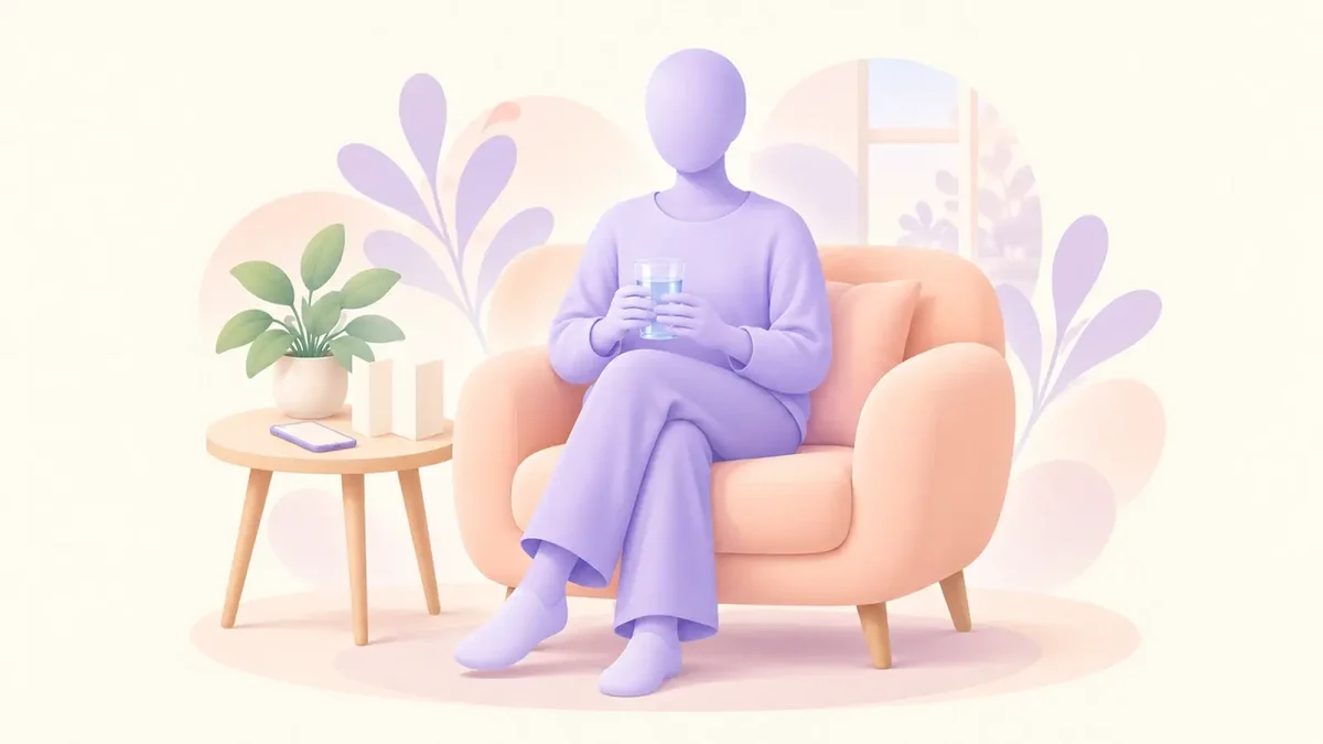 Faceless lavender figure speaking on a phone beside a glass of water and a notebook.