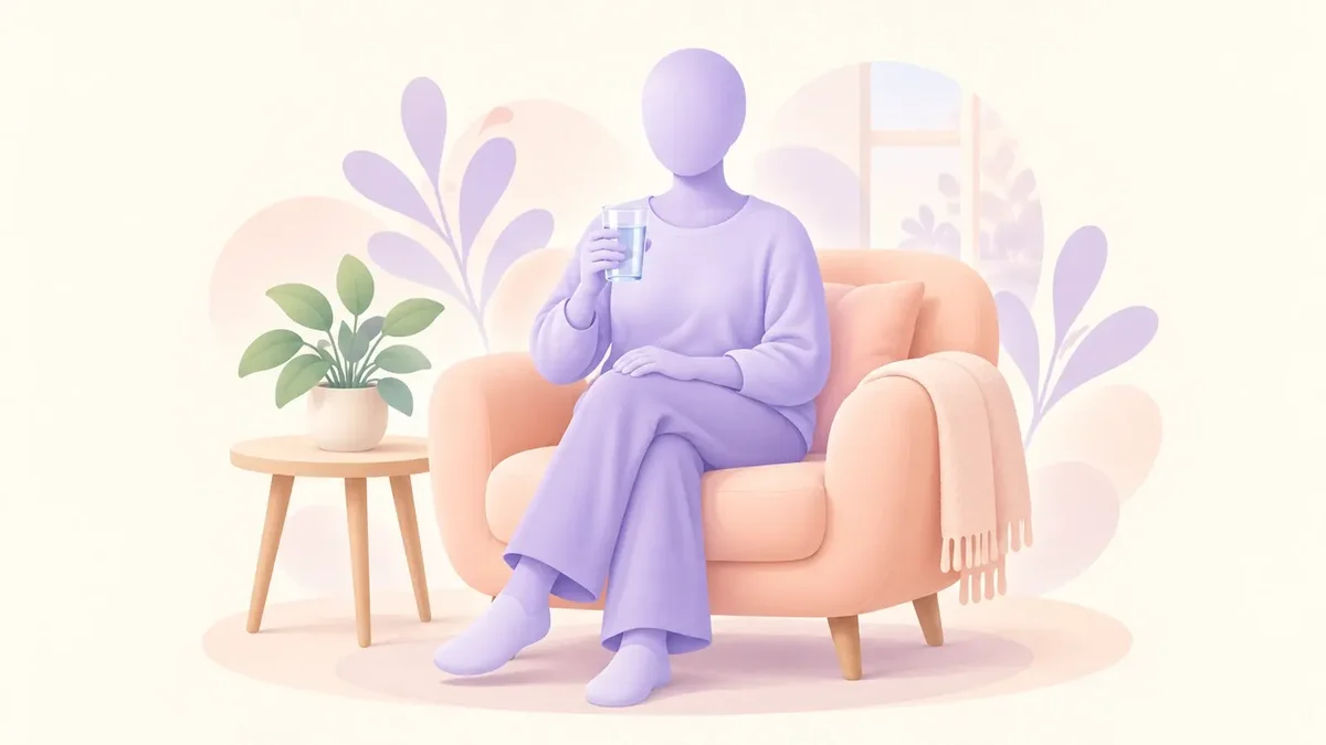 A faceless lavender adult resting in a peach armchair at home and holding a glass of water.