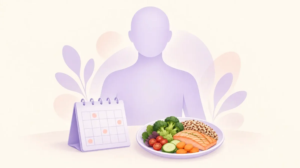 Faceless lavender figure beside a calendar and a balanced meal, illustrating treatment over time.