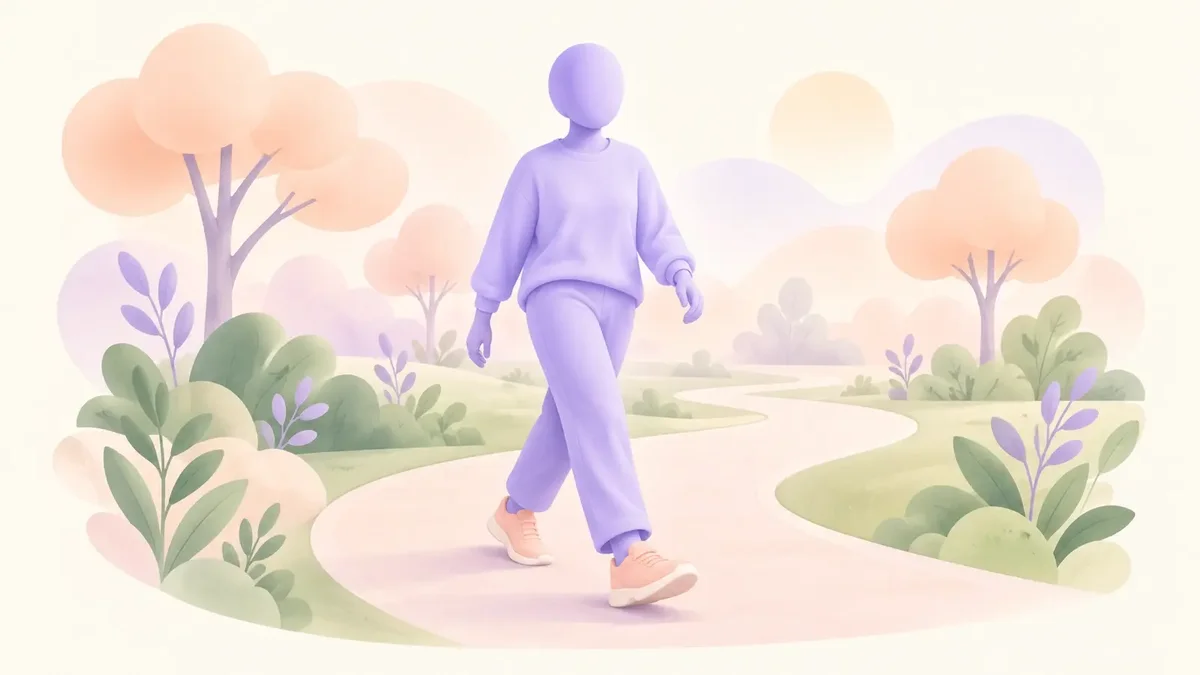 A faceless lavender adult walking along a curved park path, surrounded by soft peach and green foliage.