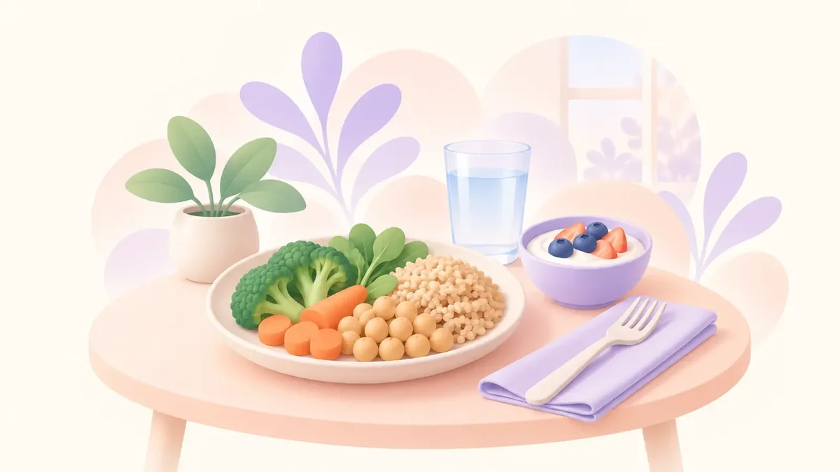 Plate of vegetables, chickpeas and rice beside yoghurt with berries and a glass of water.