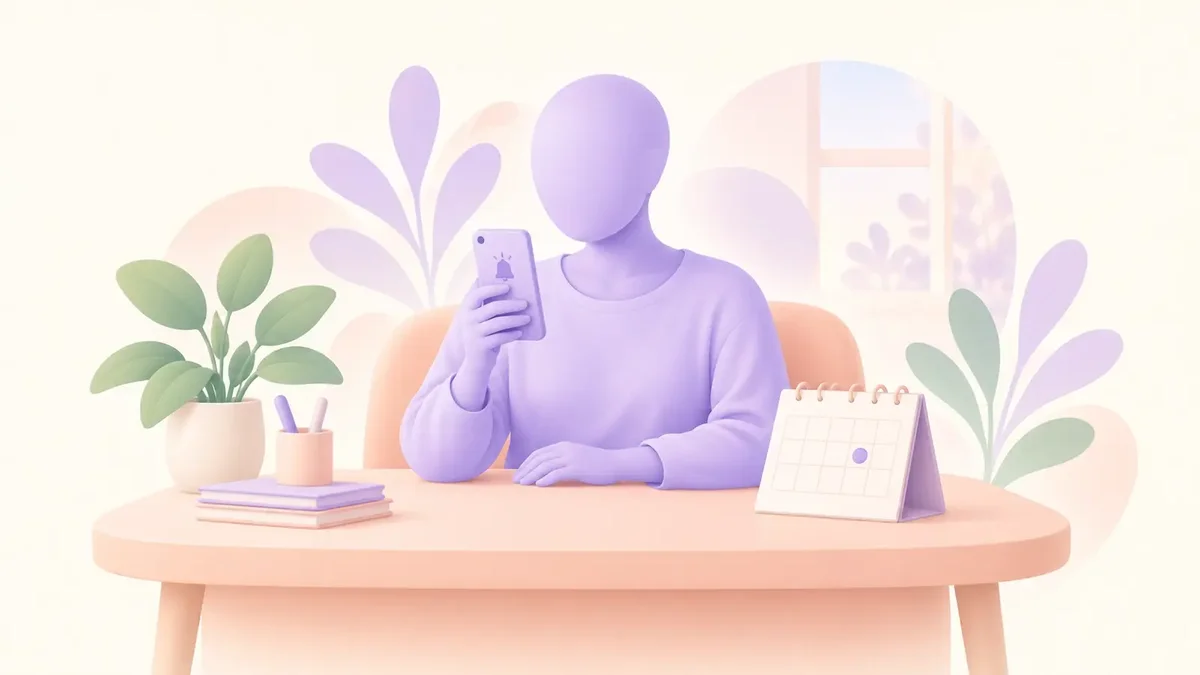 Faceless lavender adult checking a phone reminder beside a weekly planner on a peach desk.