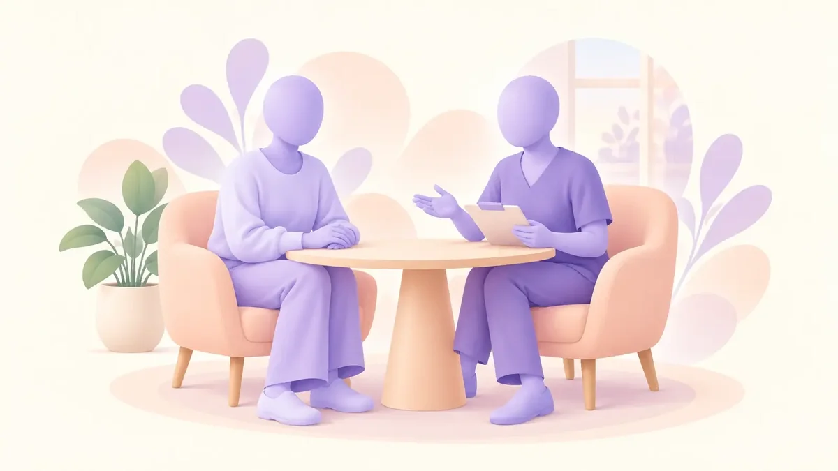 Two faceless lavender adults discussing healthcare across a peach table, with a clipboard and a plant nearby.