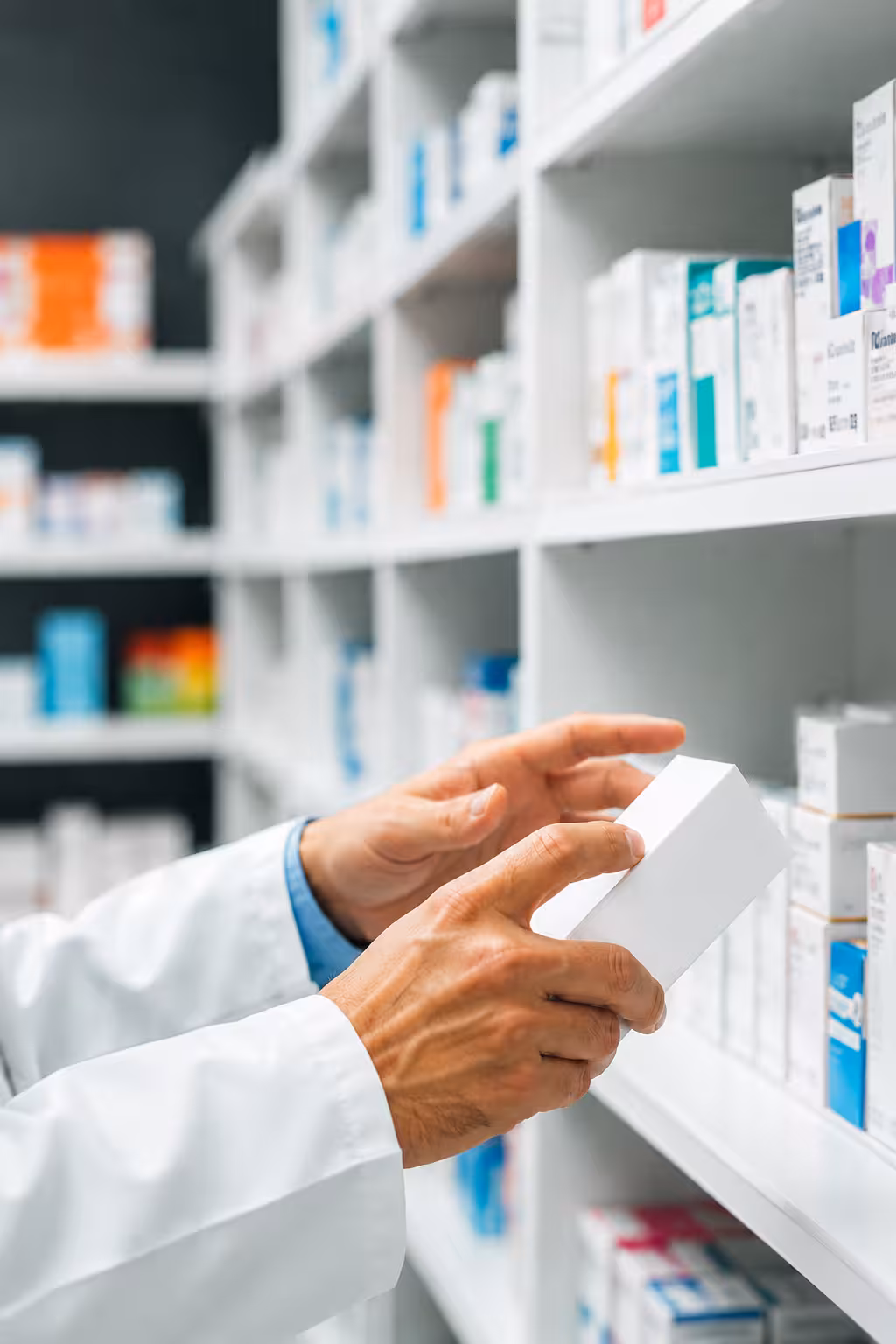 A hand selecting medicine from pharmacy shelves